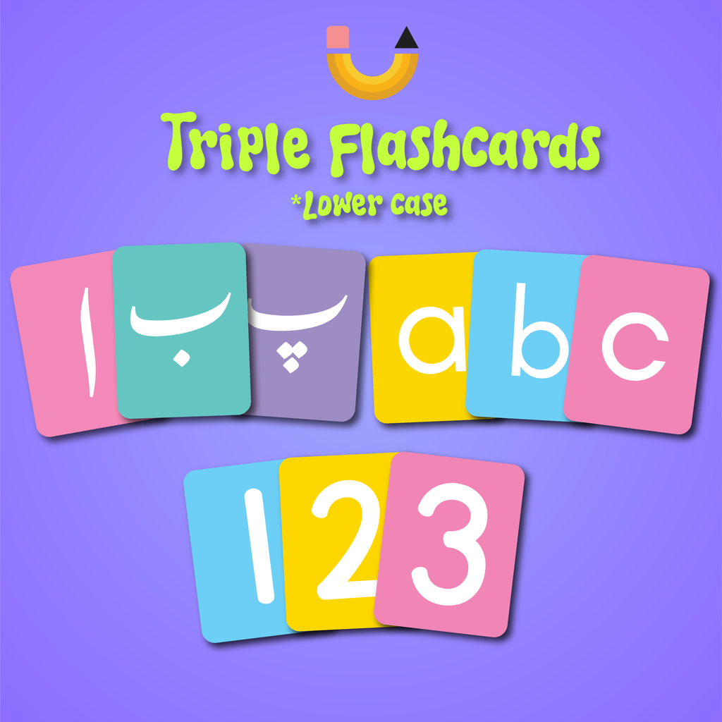 Triple Flashcards - English (lower case), Urdu & Maths (1-20) for Kids | Pakistan