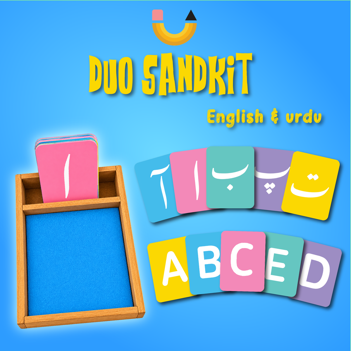 Duo Sandkit – Bilingual English & Urdu Sand Tracing Learning Kit with Wooden Box, 65 Flashcards & Sand