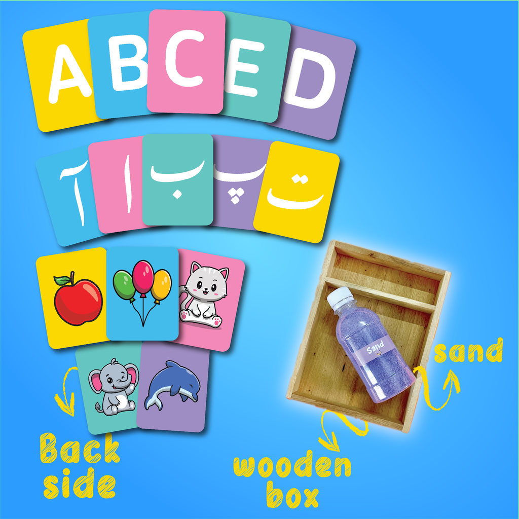 Duo Sandkit – Bilingual English & Urdu Sand Tracing Learning Kit with Wooden Box, 65 Flashcards & Sand