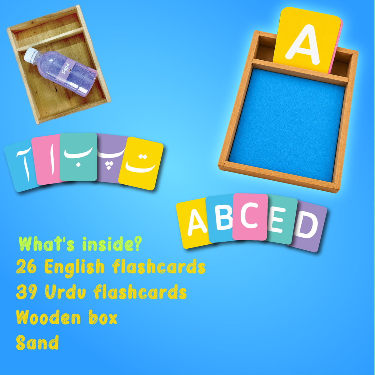 Duo Sandkit – Bilingual English & Urdu Sand Tracing Learning Kit with Wooden Box, 65 Flashcards & Sand