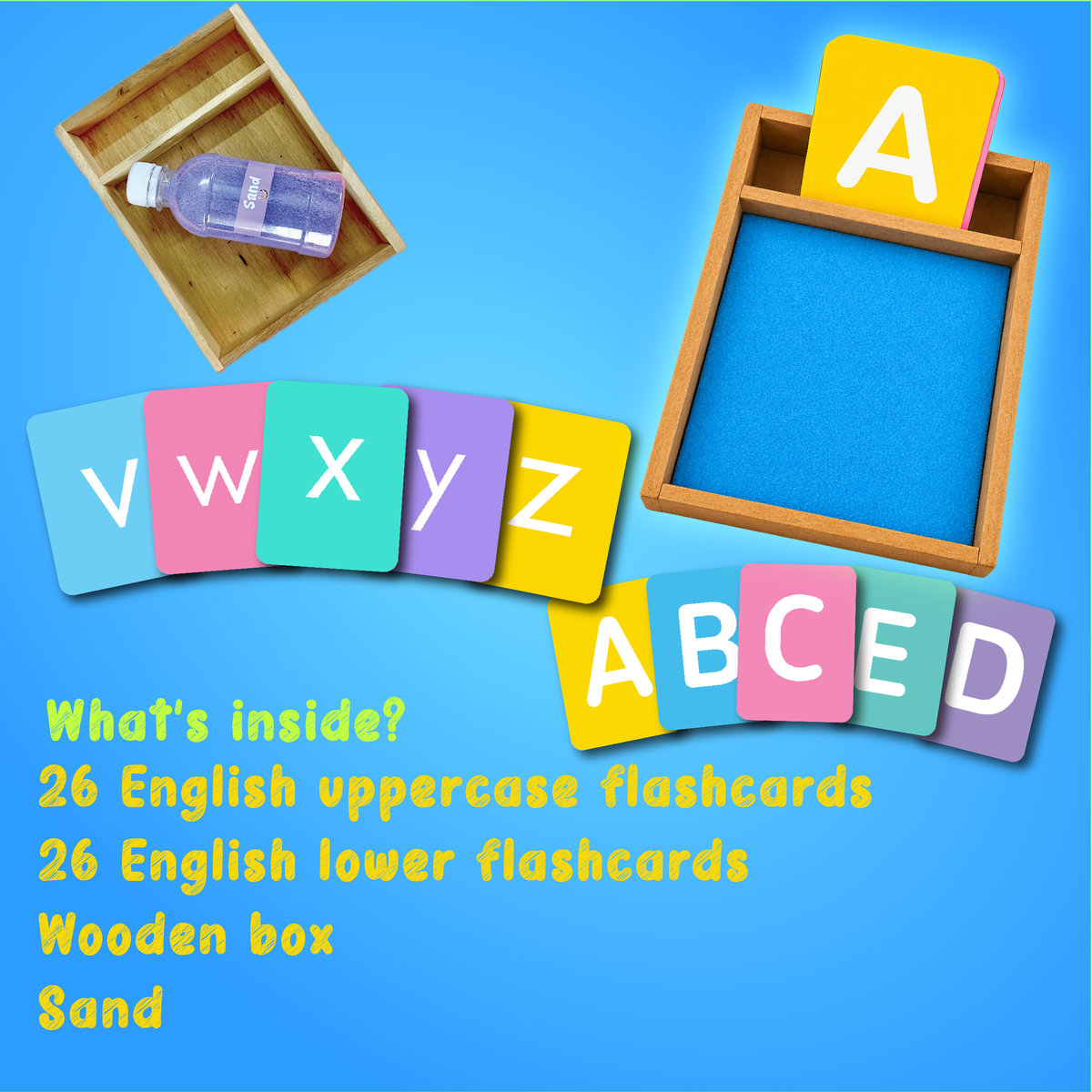 English Sandkit – Uppercase & Lowercase Alphabet Sand Tracing Learning Kit with Wooden Box, 52 Flashcards & Sand