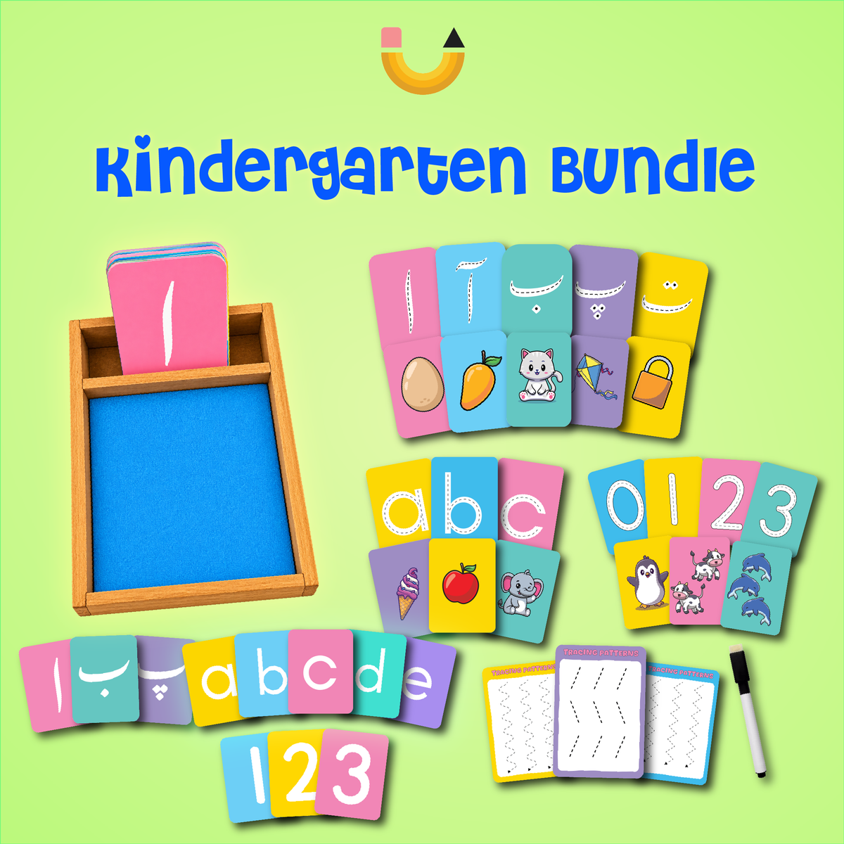 Kindergarten Sandkit Bundle – Complete English, Urdu & Math Sand Tracing Learning Kit with Wooden Box (197 Pieces)