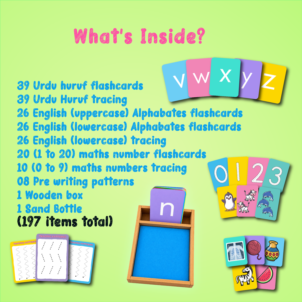 Kindergarten Sandkit Bundle – Complete English, Urdu & Math Sand Tracing Learning Kit with Wooden Box (197 Pieces)
