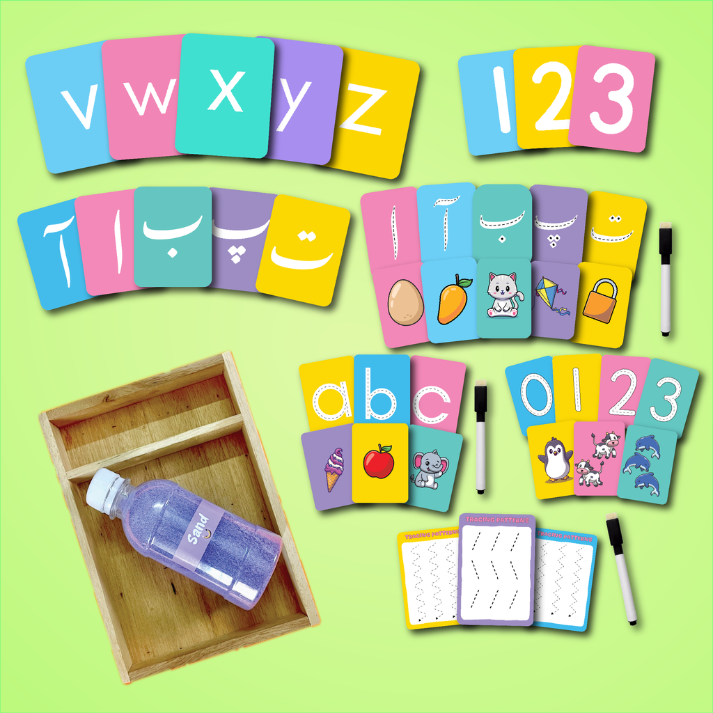 Kindergarten Sandkit Bundle – Complete English, Urdu & Math Sand Tracing Learning Kit with Wooden Box (197 Pieces)
