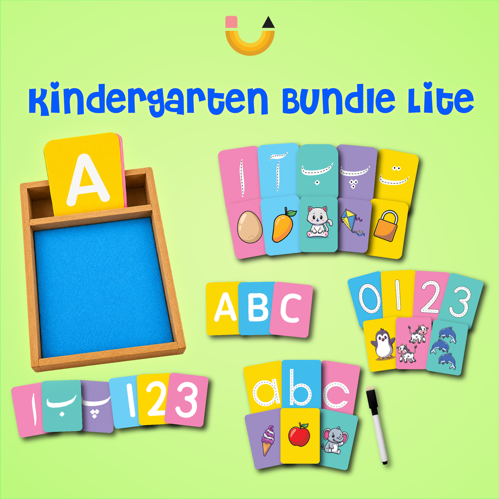 Kindergarten Bundle Lite – English Uppercase, Urdu & Math Sand Tracing Learning Kit with Wooden Box (165 Pieces)