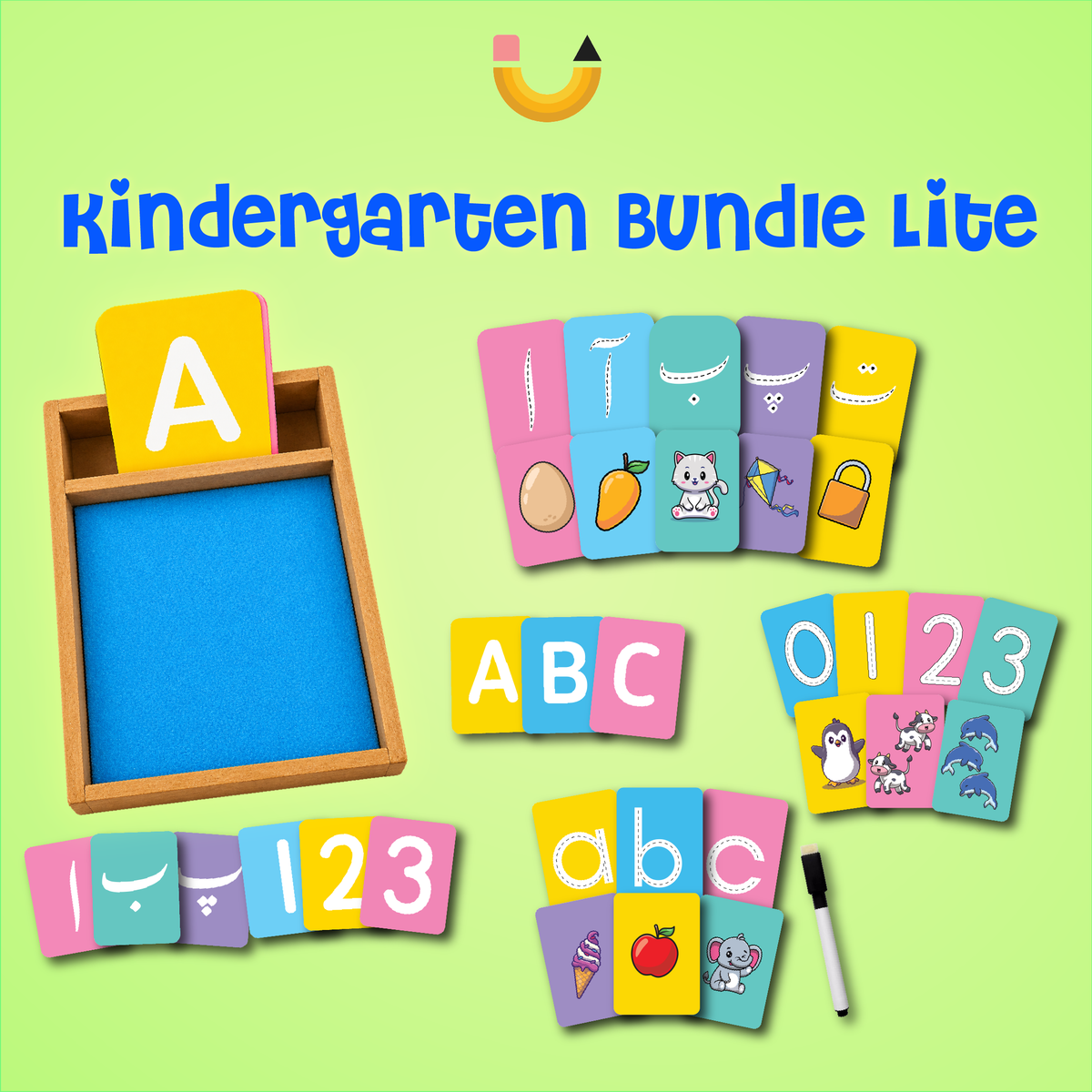 Kindergarten Bundle Lite – English Uppercase, Urdu & Math Sand Tracing Learning Kit with Wooden Box (165 Pieces)