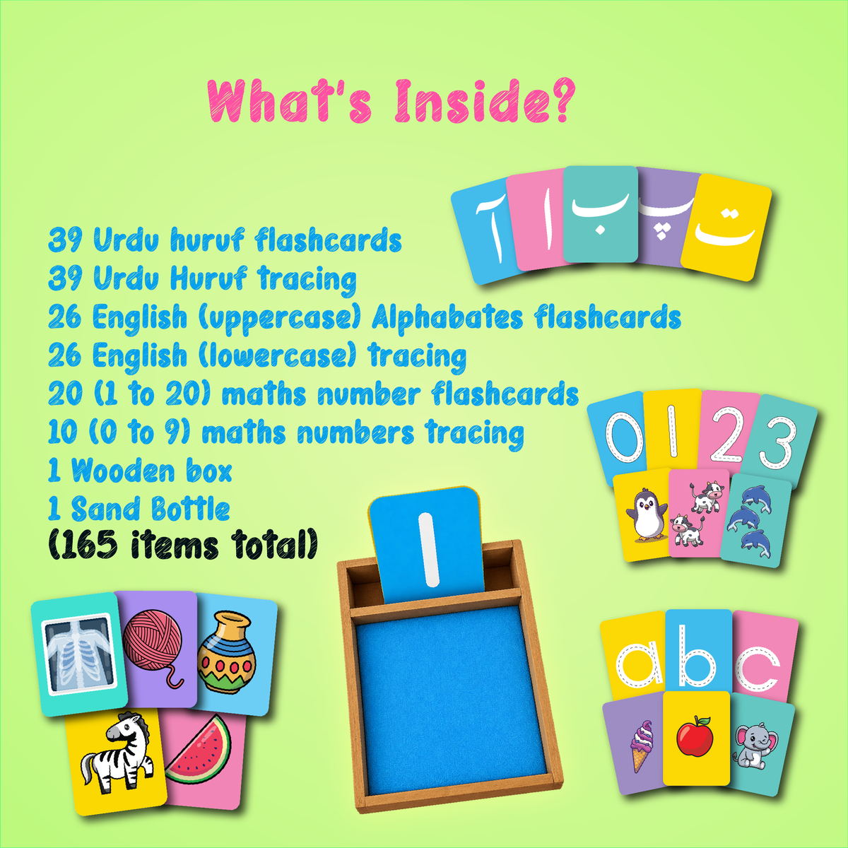 Kindergarten Bundle Lite – English Uppercase, Urdu & Math Sand Tracing Learning Kit with Wooden Box (165 Pieces)