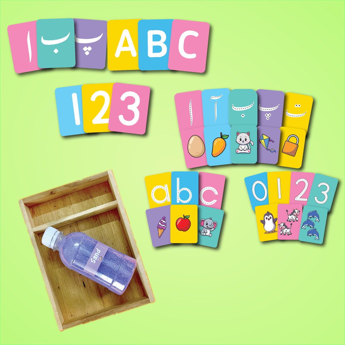 Kindergarten Bundle Lite – English Uppercase, Urdu & Math Sand Tracing Learning Kit with Wooden Box (165 Pieces)